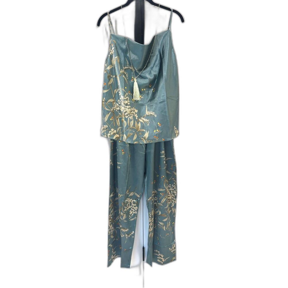 Silky Satin Floral 2 Piece Set XL | Cowl Neck Cami + Wide Leg Pants Cottagecore